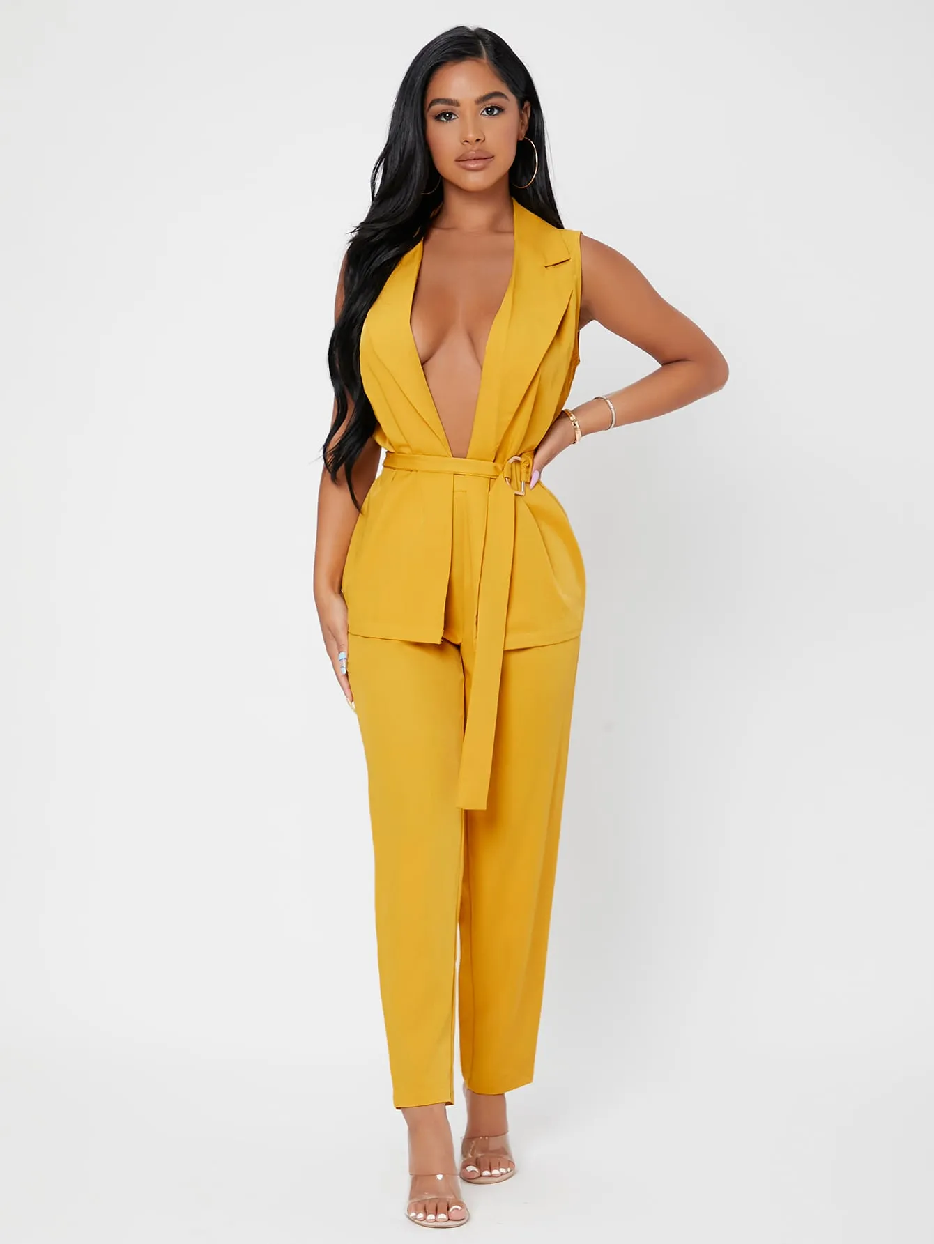 Sexy Plain Belted Sleeveless Lapel Women Two-Piece Outfits