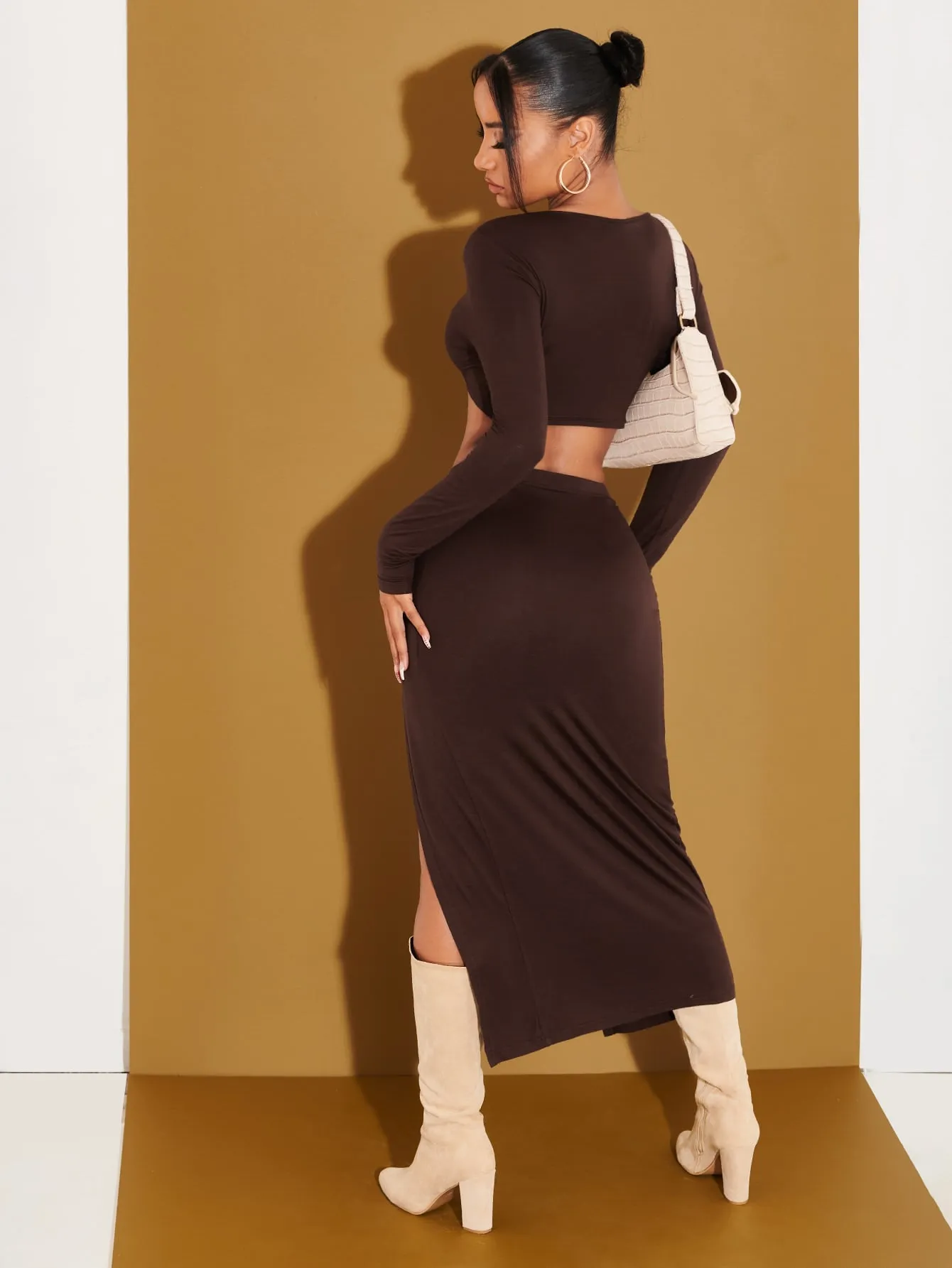 Sexy Plain Button Front Long Sleeve Scoop Neck Women Two-Piece Outfits
