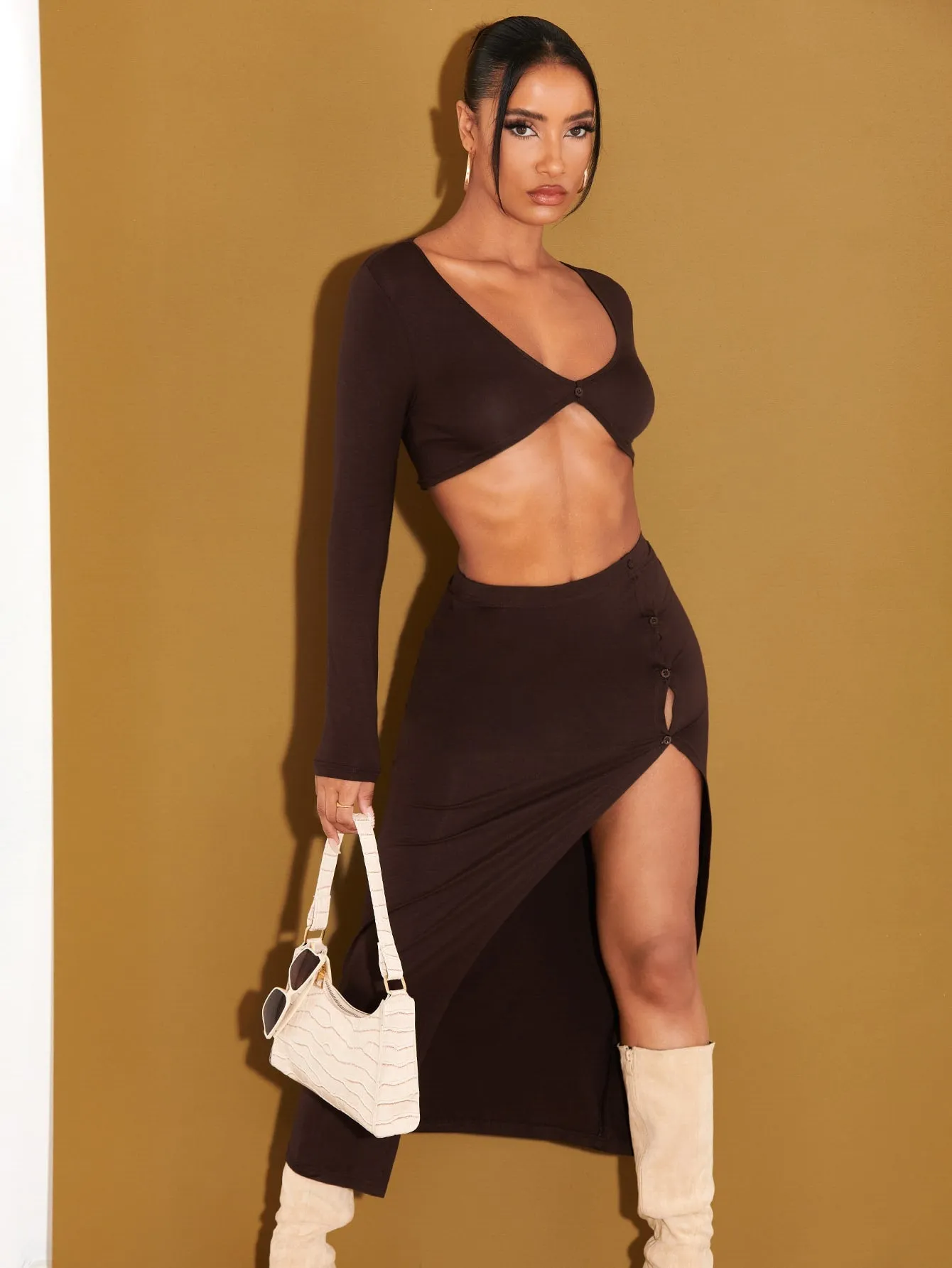 Sexy Plain Button Front Long Sleeve Scoop Neck Women Two-Piece Outfits