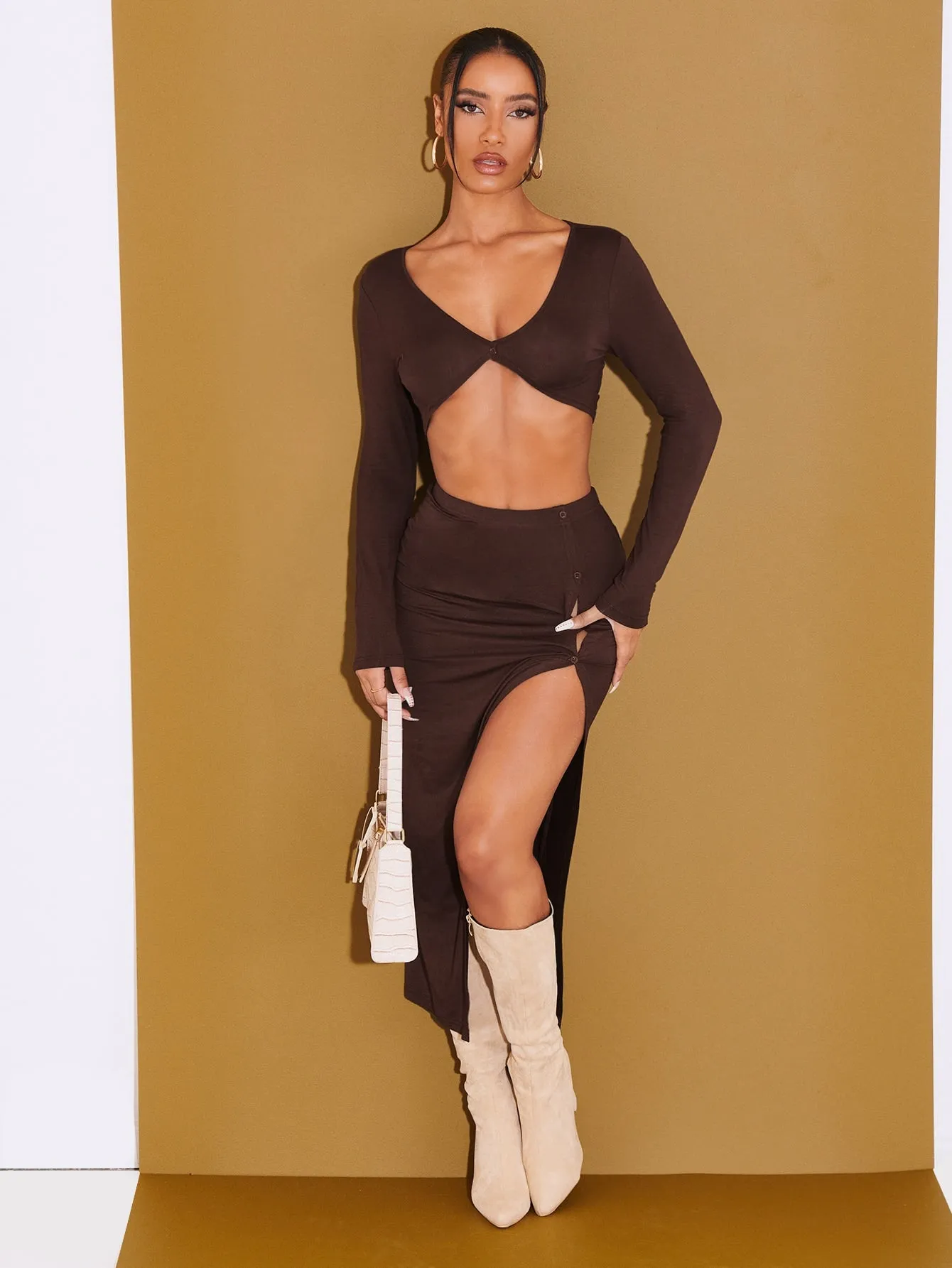 Sexy Plain Button Front Long Sleeve Scoop Neck Women Two-Piece Outfits