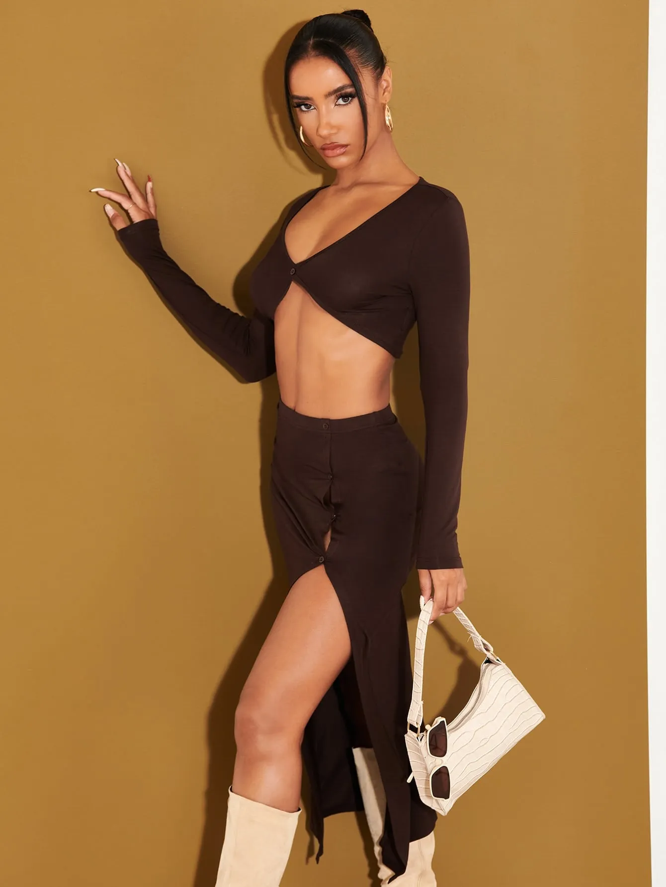 Sexy Plain Button Front Long Sleeve Scoop Neck Women Two-Piece Outfits