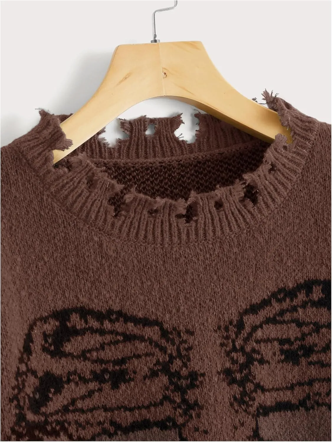 SHENHE Women's Oversized Skeleton Pattern Ripped Round Neck Sweater Pullover