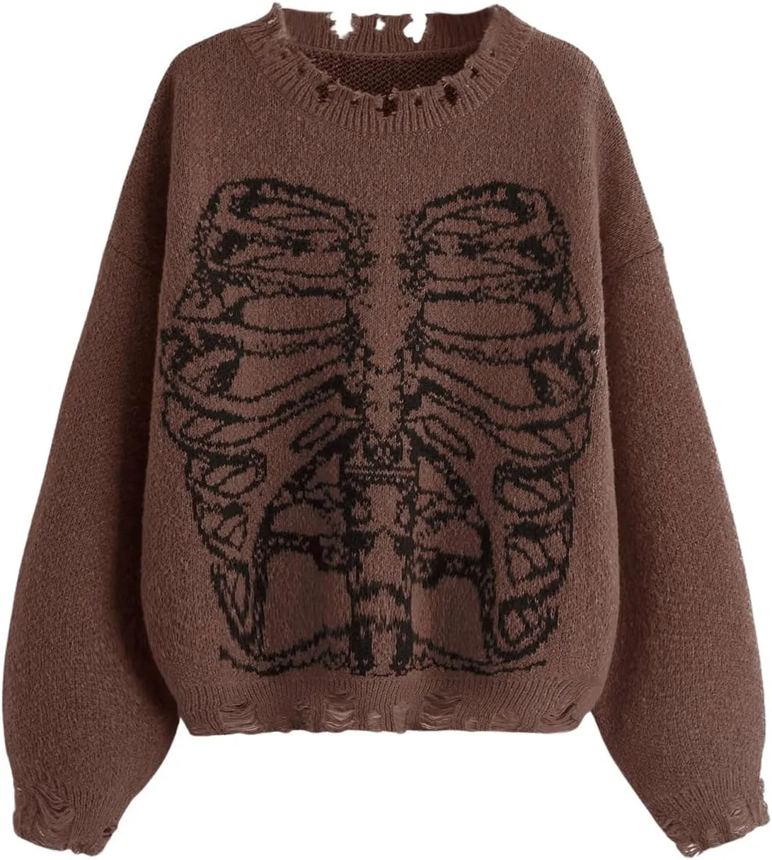 SHENHE Women's Oversized Skeleton Pattern Ripped Round Neck Sweater Pullover