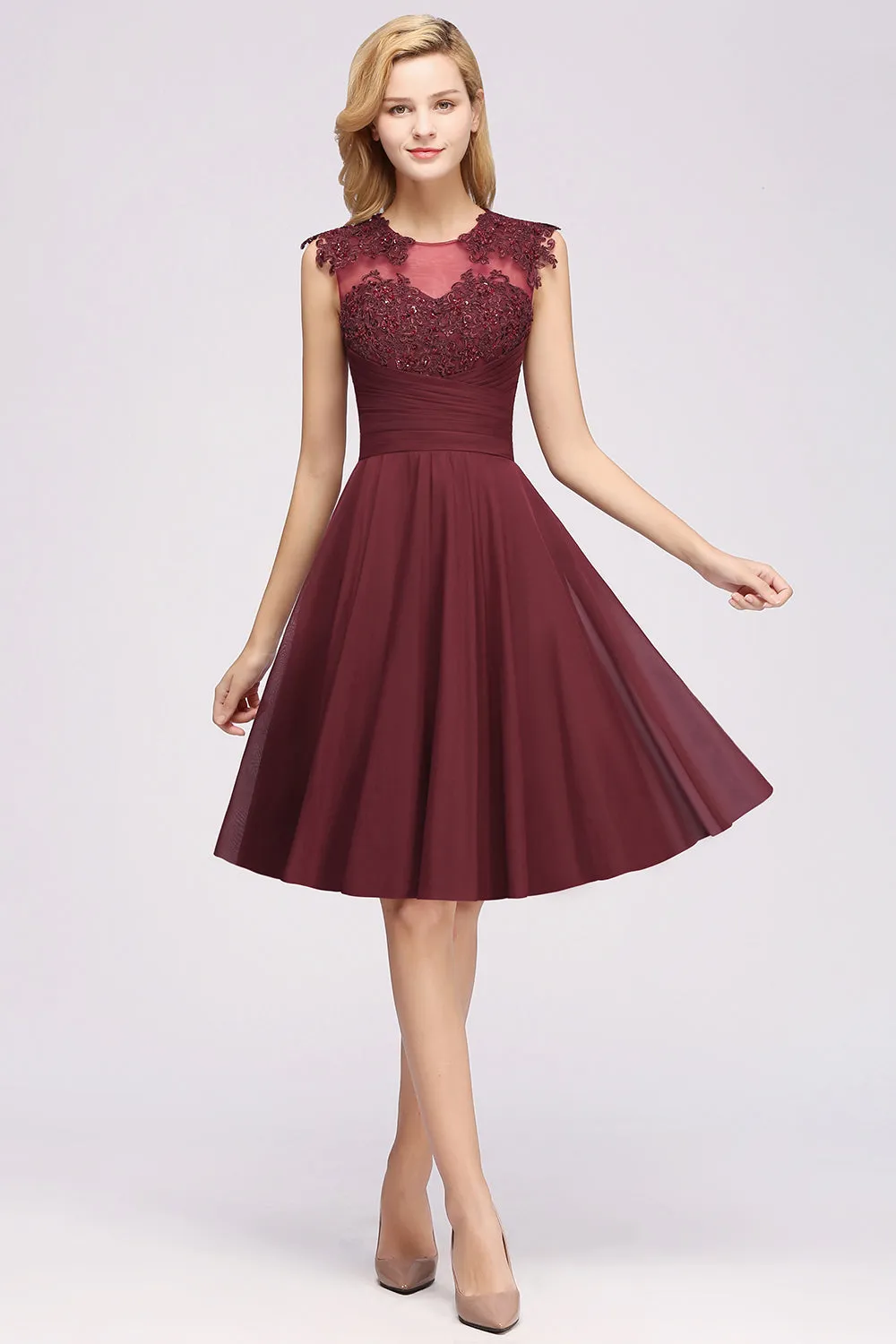 Short A-line Chiffon Jewel Appliques Lace Bridesmaid Dresses with Ruffles