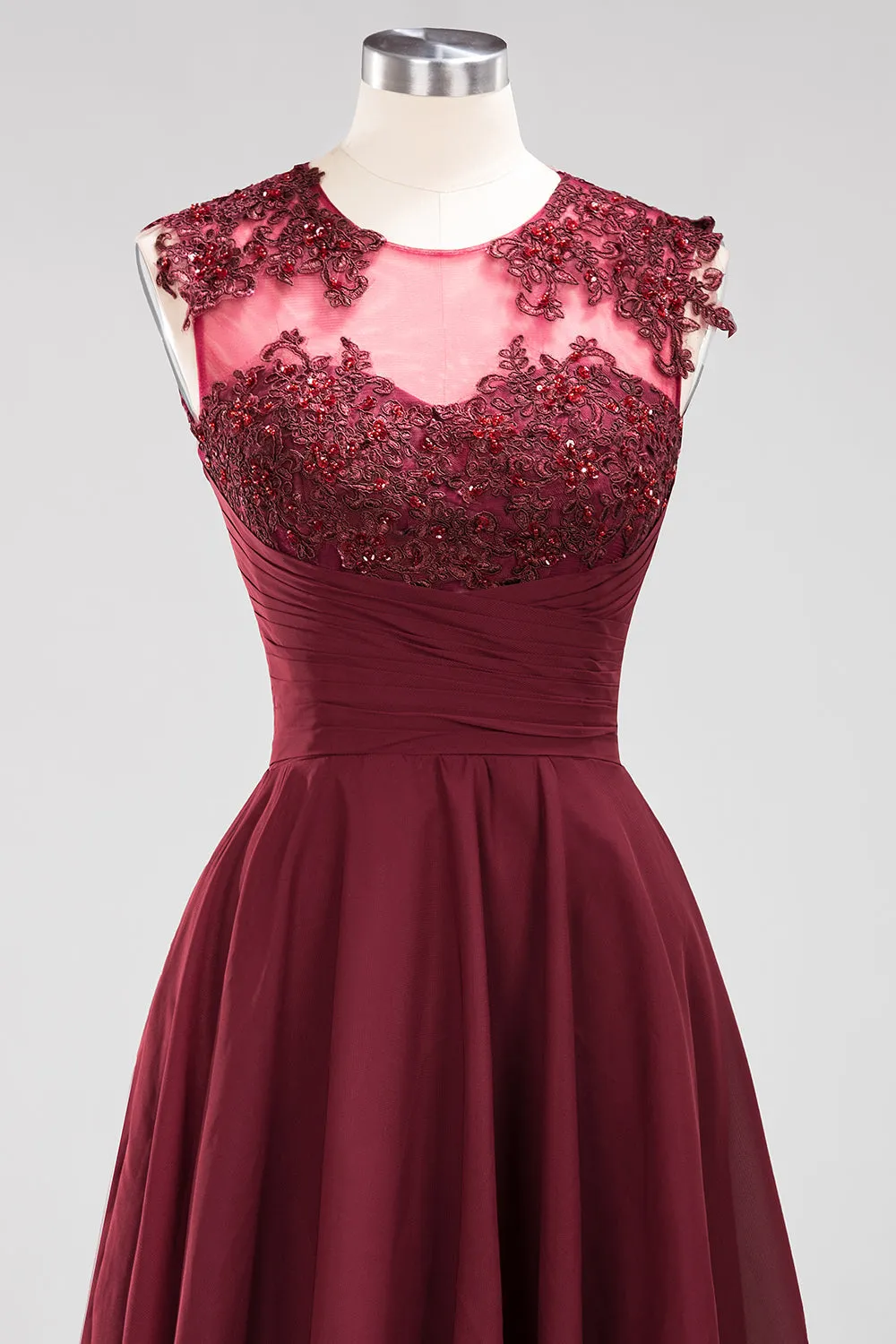Short A-line Chiffon Jewel Appliques Lace Bridesmaid Dresses with Ruffles