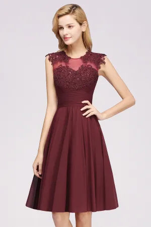 Short A-line Chiffon Jewel Appliques Lace Bridesmaid Dresses with Ruffles