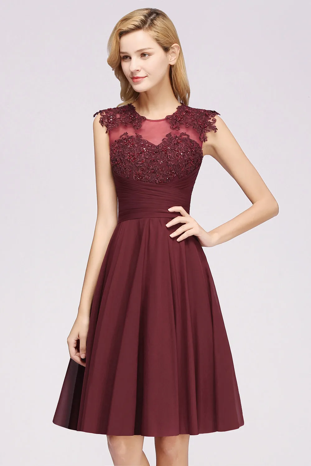Short A-line Chiffon Jewel Appliques Lace Bridesmaid Dresses with Ruffles