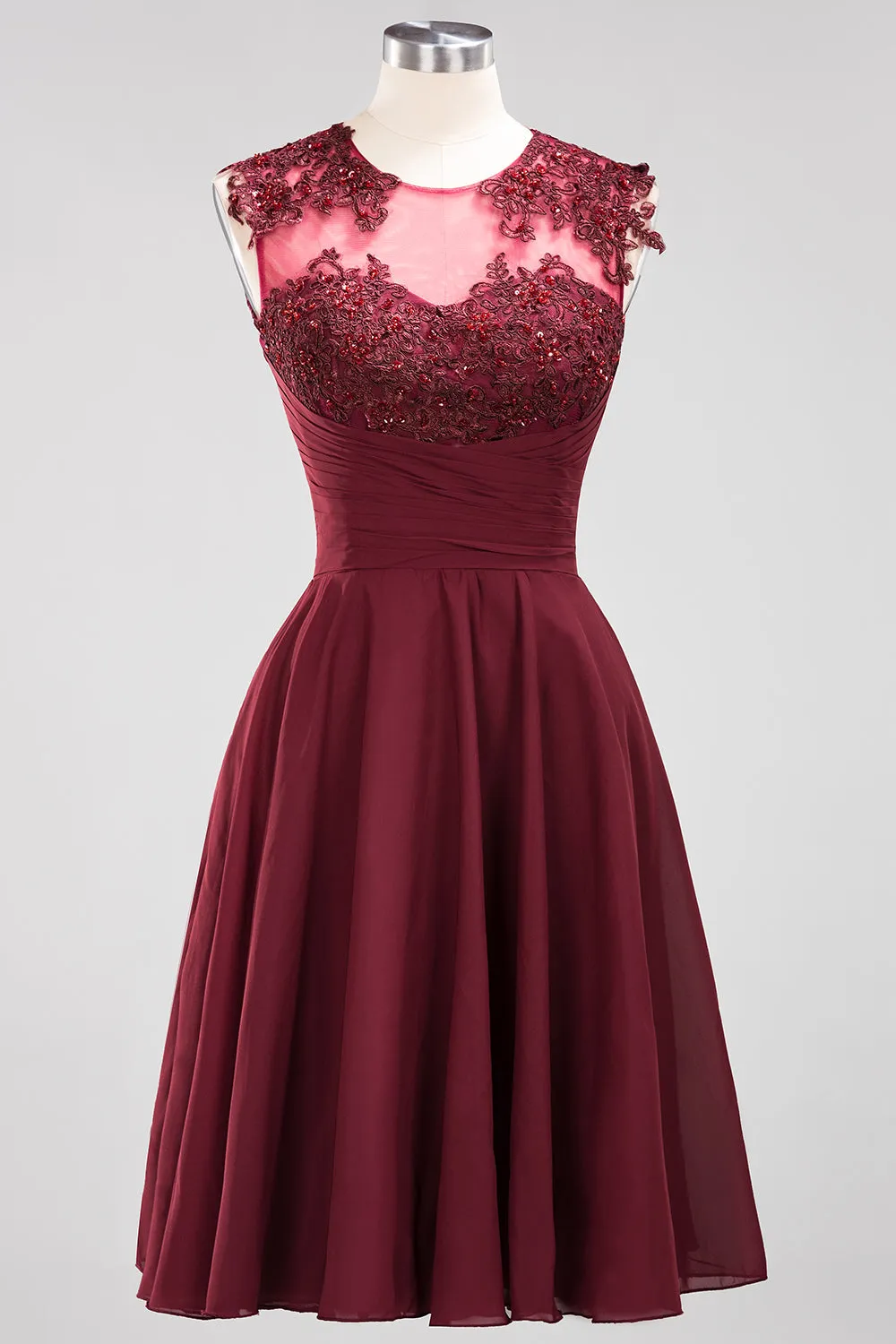 Short A-line Chiffon Jewel Appliques Lace Bridesmaid Dresses with Ruffles