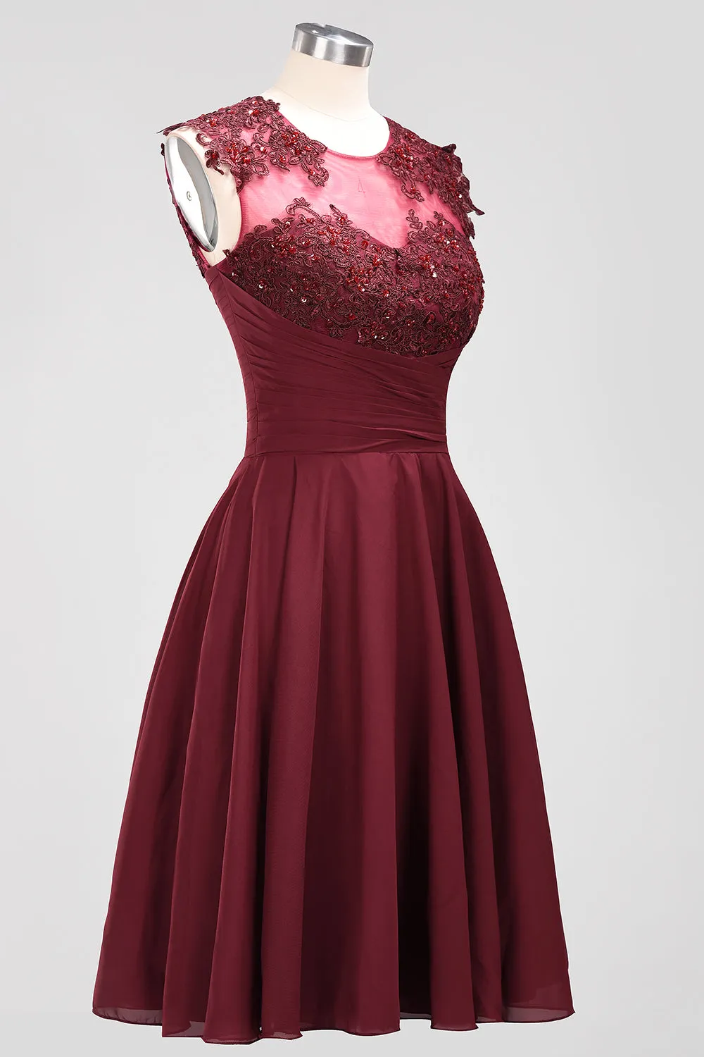 Short A-line Chiffon Jewel Appliques Lace Bridesmaid Dresses with Ruffles