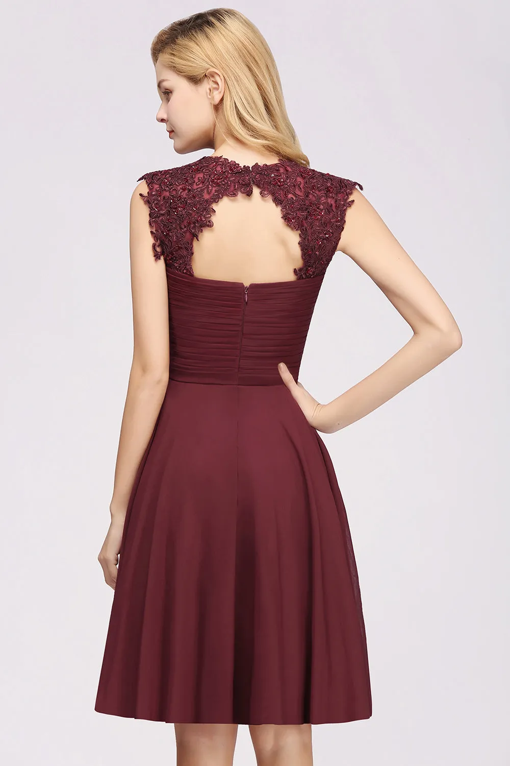 Short A-line Chiffon Jewel Appliques Lace Bridesmaid Dresses with Ruffles