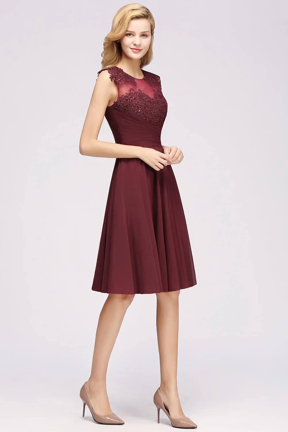 Short A-line Chiffon Jewel Appliques Lace Bridesmaid Dresses with Ruffles