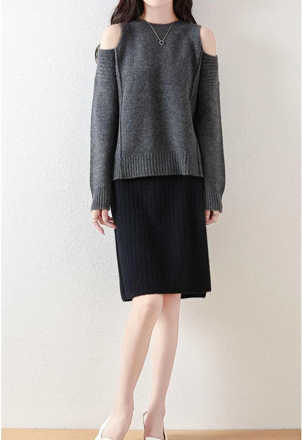 Short Skirt Women's Fall Winter 100% Merino Wool Knitted Skirt Girl's Ribbed Elastic Waist Split Skirts
