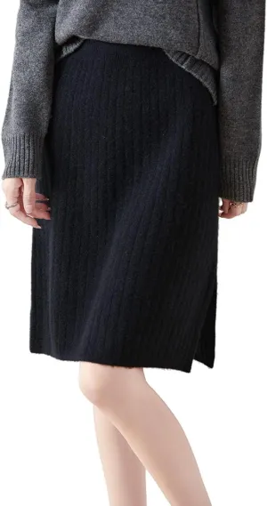 Short Skirt Women's Fall Winter 100% Merino Wool Knitted Skirt Girl's Ribbed Elastic Waist Split Skirts