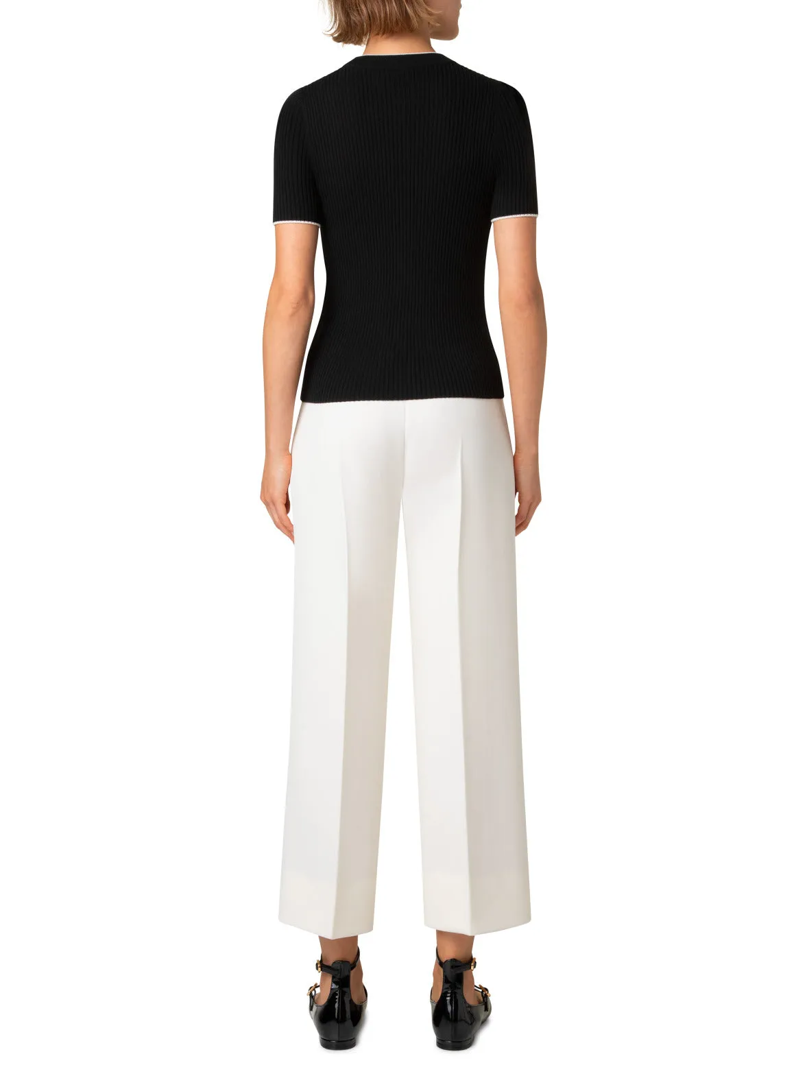 Short Sleeve Virgin Wool Sweater with Piping