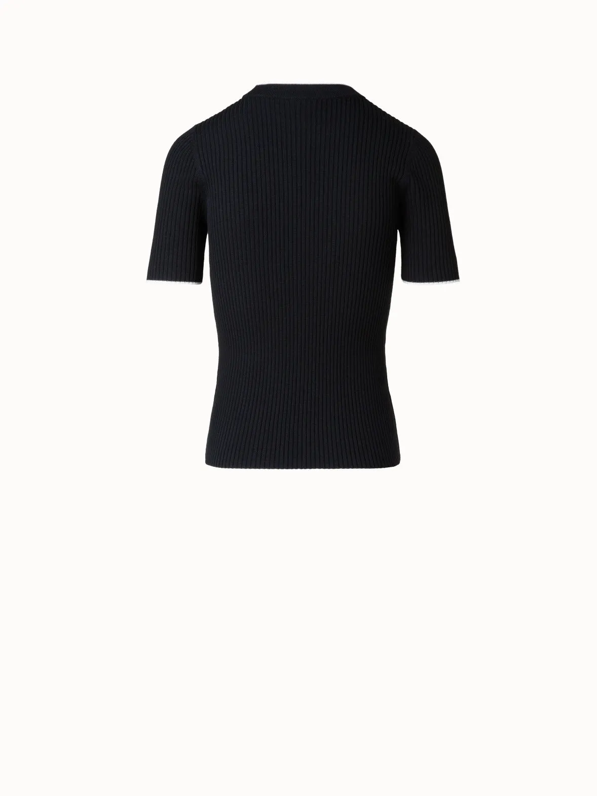 Short Sleeve Virgin Wool Sweater with Piping