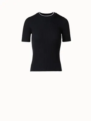 Short Sleeve Virgin Wool Sweater with Piping