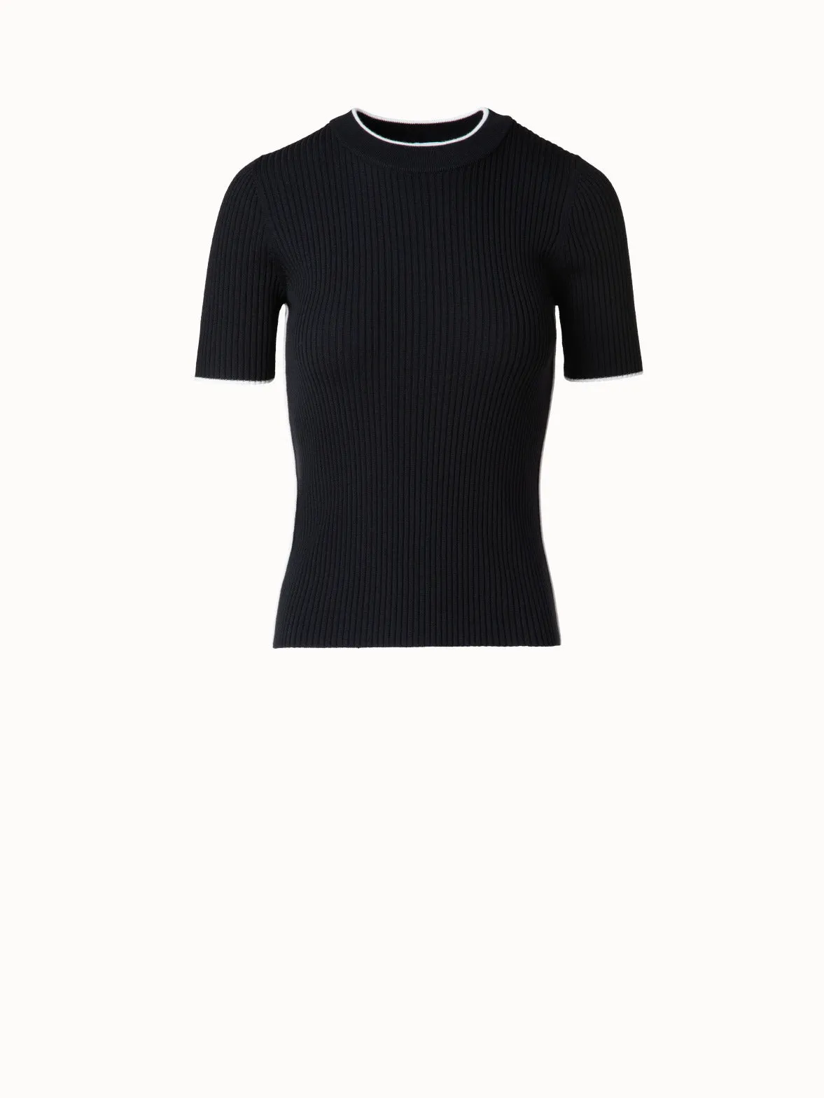 Short Sleeve Virgin Wool Sweater with Piping