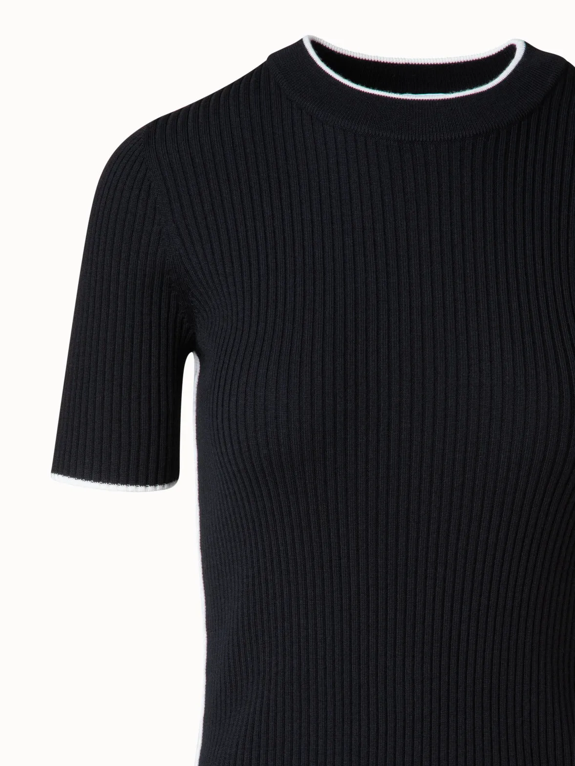 Short Sleeve Virgin Wool Sweater with Piping