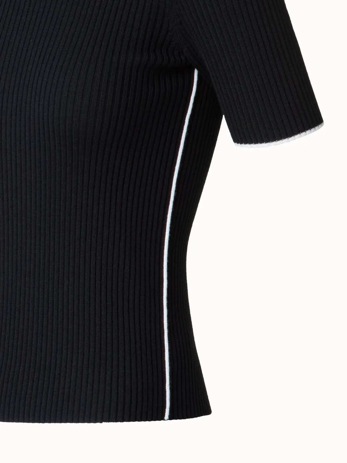 Short Sleeve Virgin Wool Sweater with Piping
