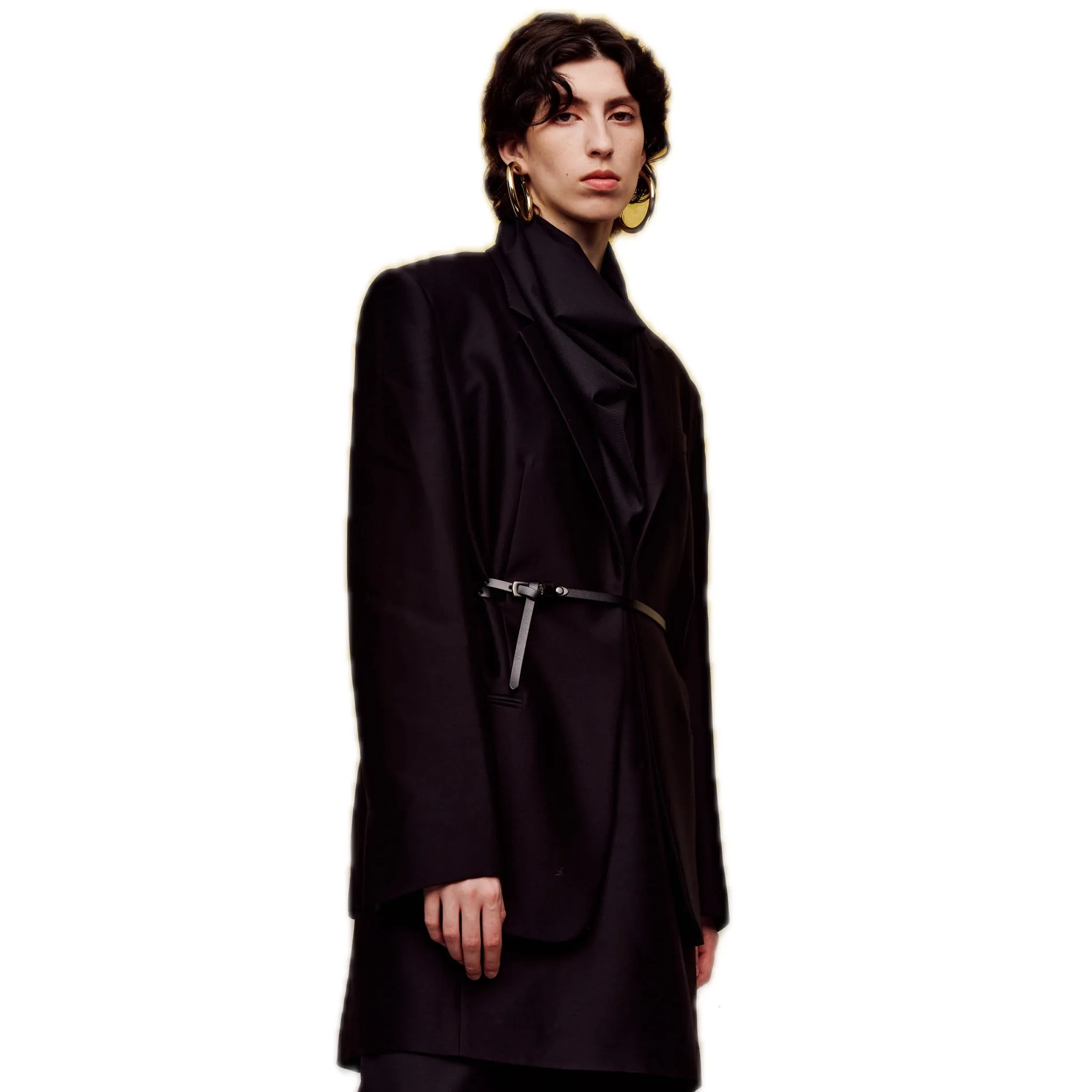 Silk Wool Long-sleeved Blazer in Black(Belt)