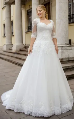 Simple Ball Gown Floor-length Half Sleeve Lace Queen Anne Wedding Dress with Appliques-716189