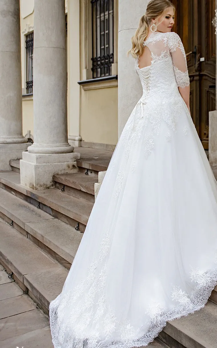 Simple Ball Gown Floor-length Half Sleeve Lace Queen Anne Wedding Dress with Appliques-716189
