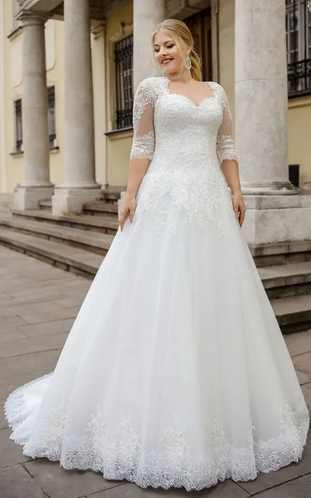 Simple Ball Gown Floor-length Half Sleeve Lace Queen Anne Wedding Dress with Appliques-716189
