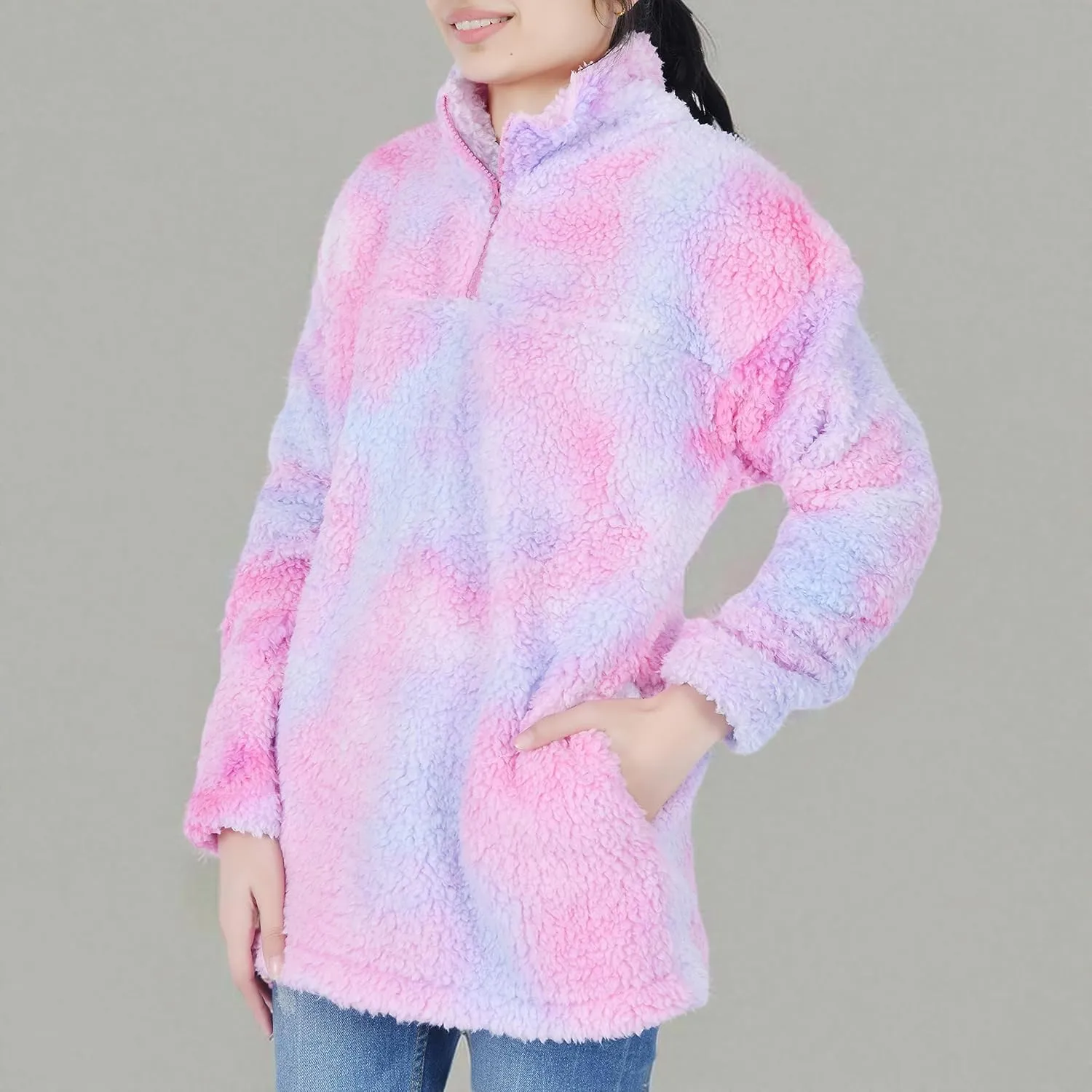 Sleepdown Womens Sweatshirt Long Sleeve Fuzzy Sherpa Fleece Zip Up Sweatshirts for Women Fluffy Pullover Tops with Pockets