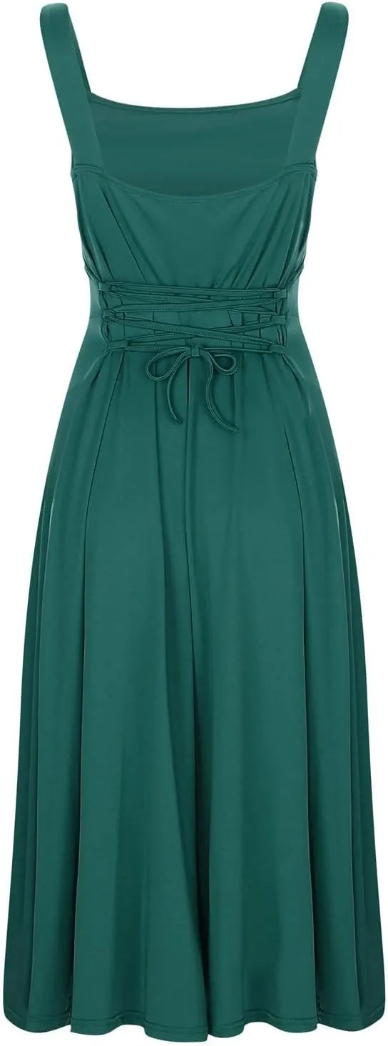 Sleeveless Dresses For Women 2025 Square Neck Slim Fit Waisted Flowy Swing Long Dress Solid Elegant Party Sundress