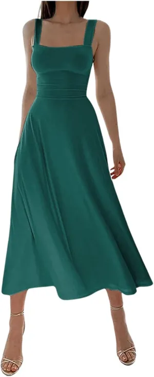 Sleeveless Dresses For Women 2025 Square Neck Slim Fit Waisted Flowy Swing Long Dress Solid Elegant Party Sundress