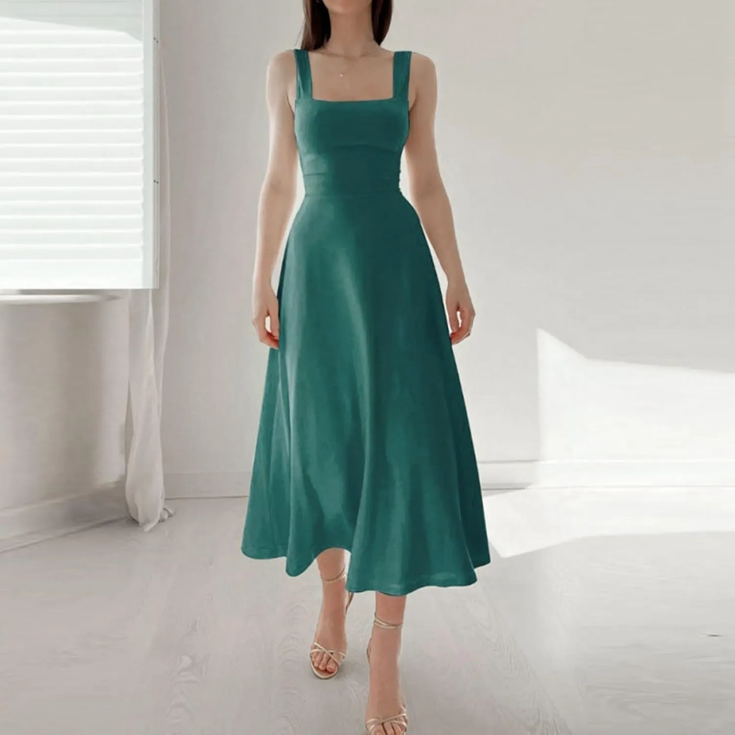Sleeveless Dresses For Women 2025 Square Neck Slim Fit Waisted Flowy Swing Long Dress Solid Elegant Party Sundress