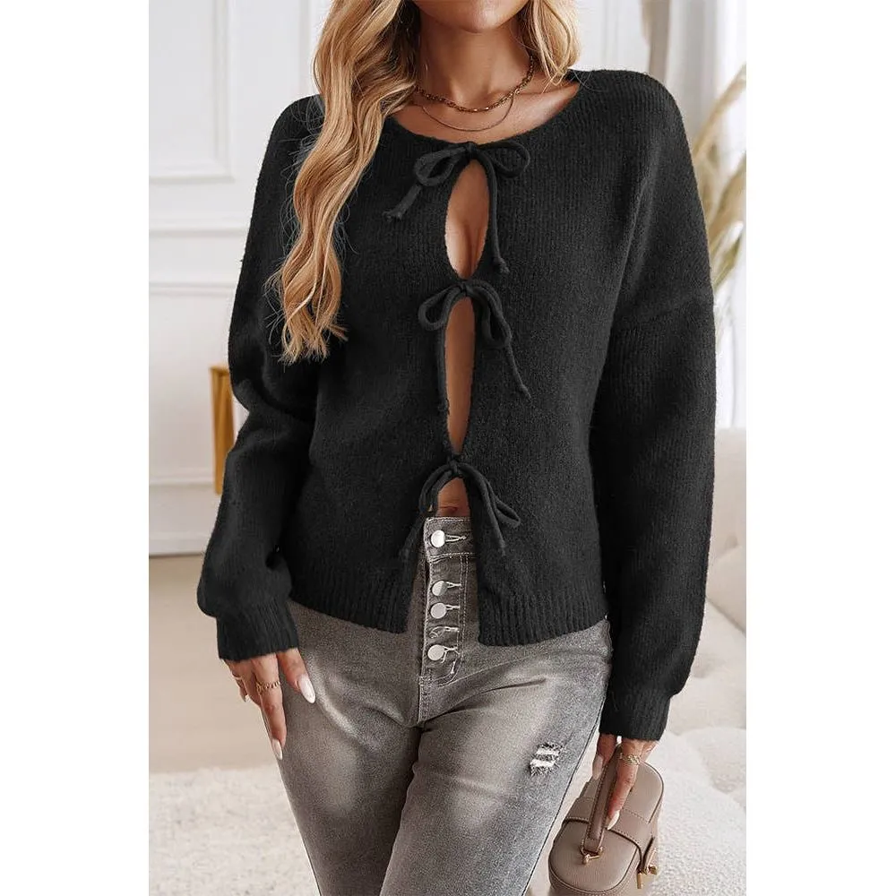 Solid Color Lace Up Front Open Cardigan DY206: Apricot / M