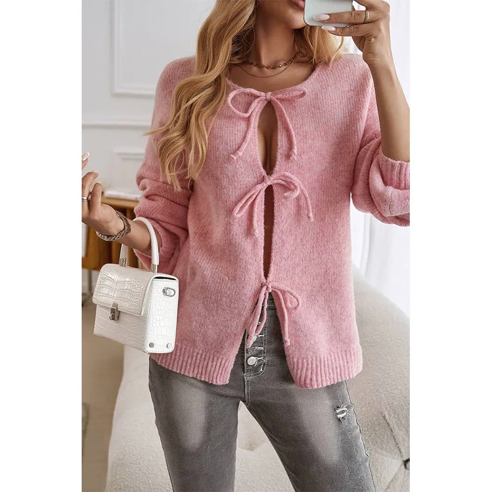 Solid Color Lace Up Front Open Cardigan DY206: Apricot / M