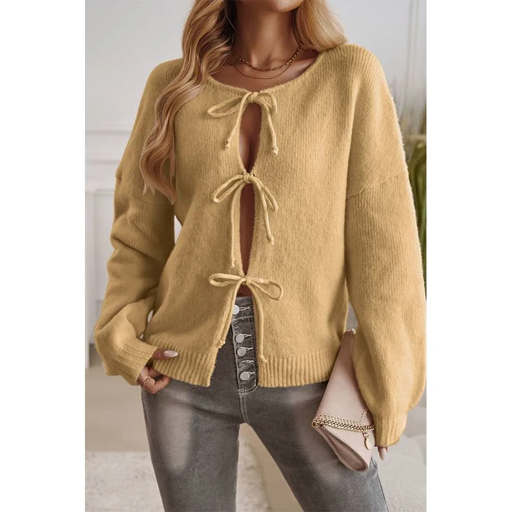 Solid Color Lace Up Front Open Cardigan DY206: Apricot / M