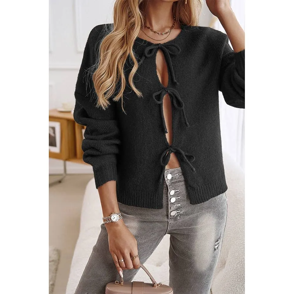 Solid Color Lace Up Front Open Cardigan DY206: Apricot / M