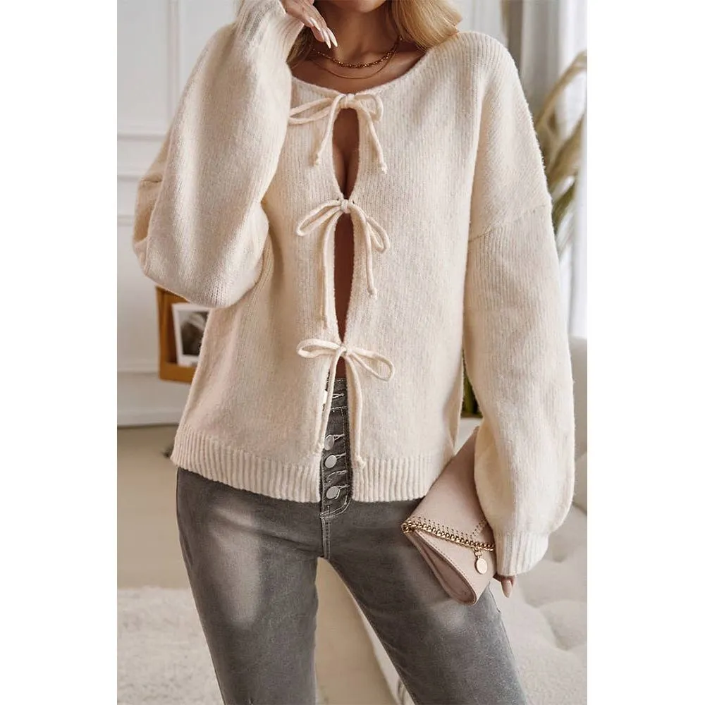 Solid Color Lace Up Front Open Cardigan DY206: Apricot / M