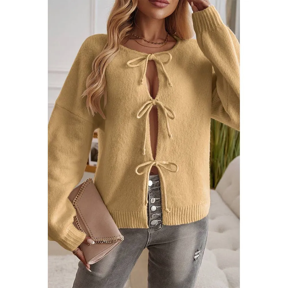 Solid Color Lace Up Front Open Cardigan DY206: Apricot / M