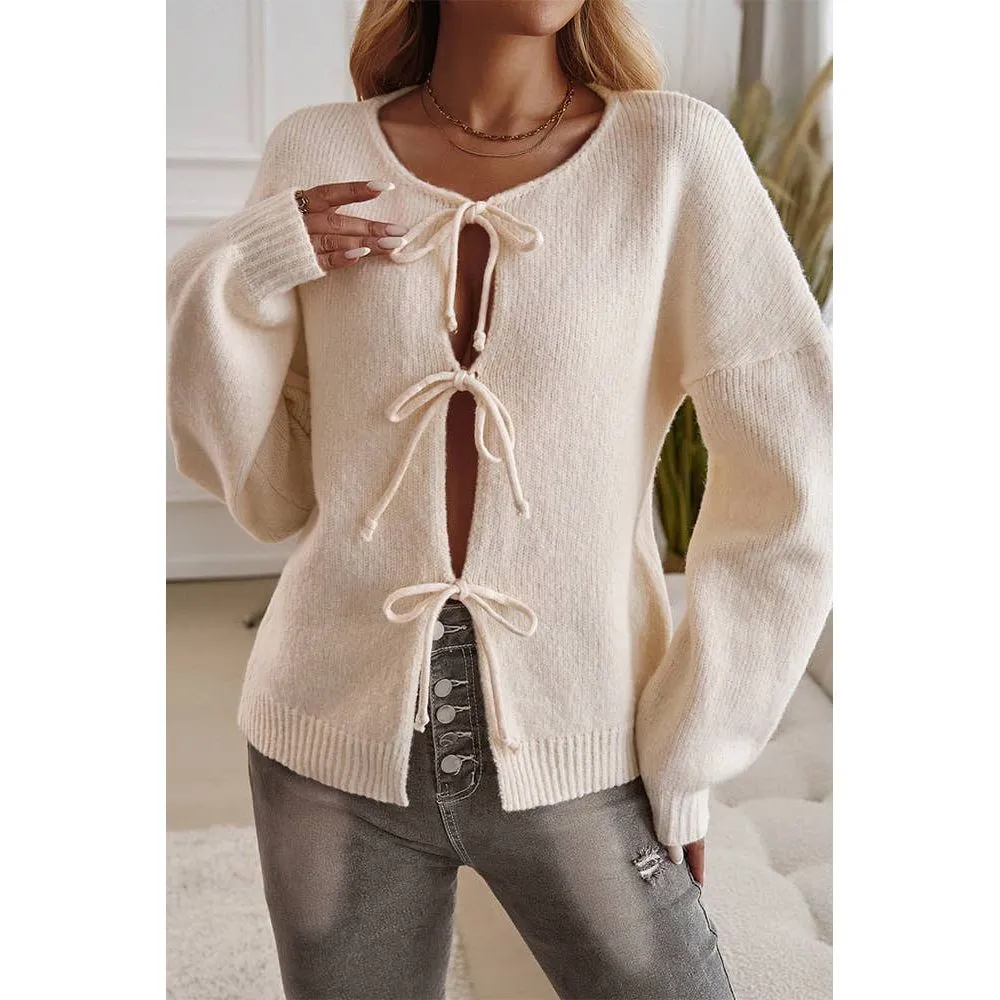 Solid Color Lace Up Front Open Cardigan DY206: Apricot / M