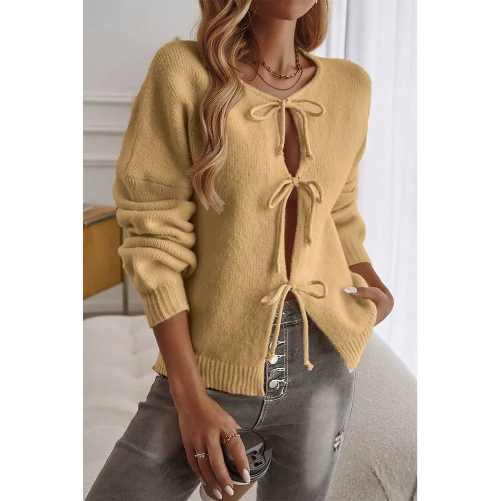Solid Color Lace Up Front Open Cardigan DY206: Apricot / M