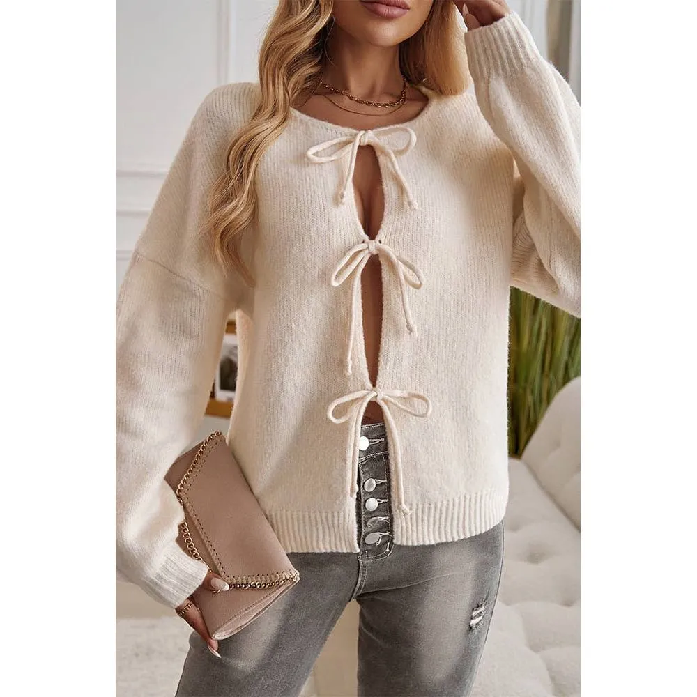 Solid Color Lace Up Front Open Cardigan DY206: Apricot / M