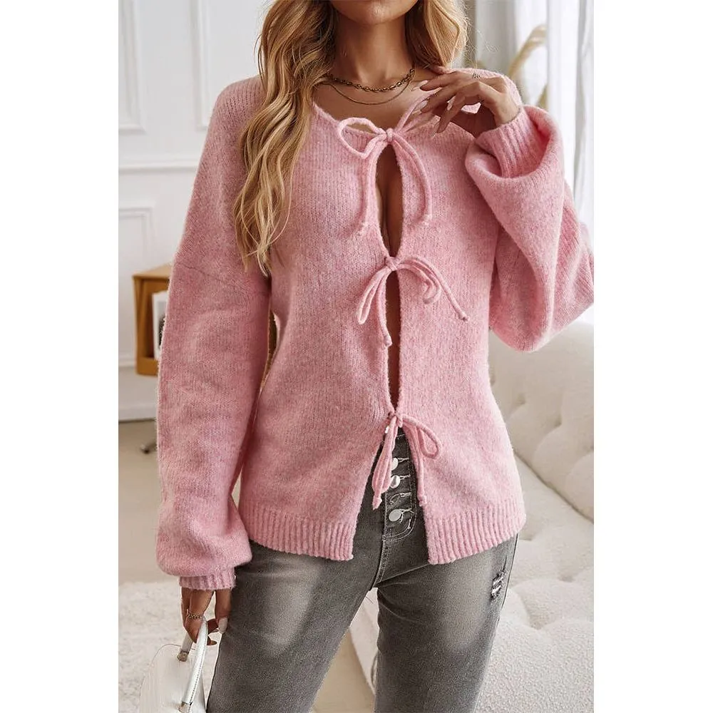 Solid Color Lace Up Front Open Cardigan DY206: Apricot / M