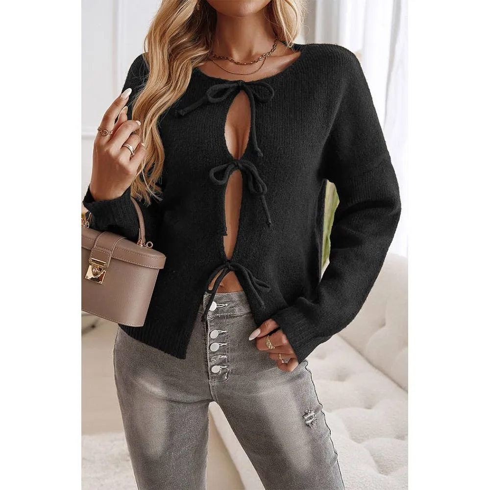 Solid Color Lace Up Front Open Cardigan DY206: Apricot / M