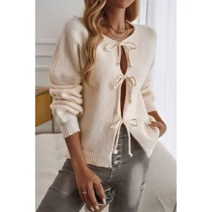 Solid Color Lace Up Front Open Cardigan DY206: Apricot / XL