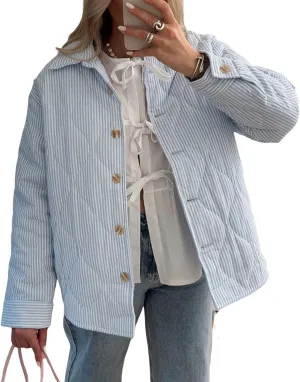 SOLILOQUY Women Y2K Striped Quilted Jacket Turn-Down Collar Button Puffer Coat Fall Winter Cropped Padded Jacket Cardigan