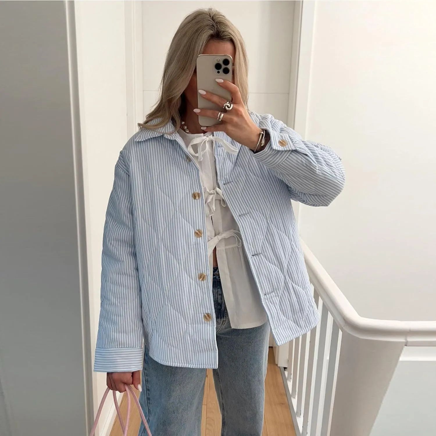 SOLILOQUY Women Y2K Striped Quilted Jacket Turn-Down Collar Button Puffer Coat Fall Winter Cropped Padded Jacket Cardigan