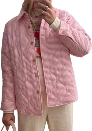 SOLILOQUY Women Y2K Striped Quilted Jacket Turn-Down Collar Button Puffer Coat Fall Winter Cropped Padded Jacket Cardigan