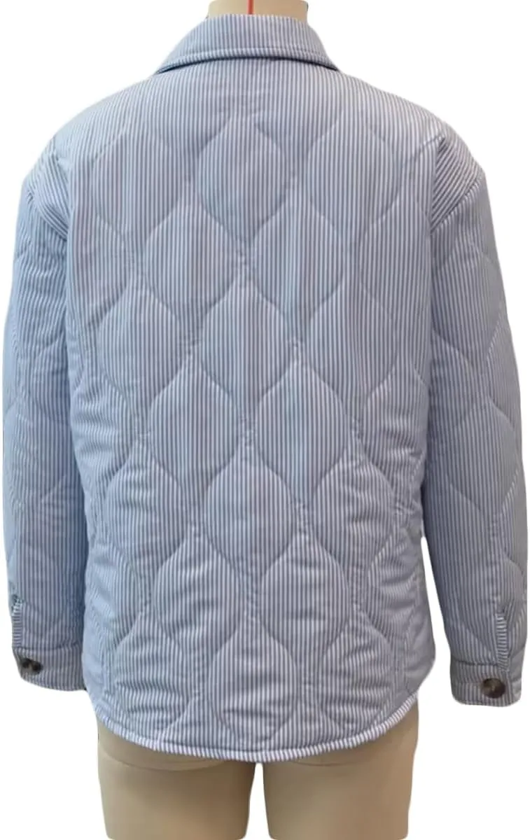 SOLILOQUY Women Y2K Striped Quilted Jacket Turn-Down Collar Button Puffer Coat Fall Winter Cropped Padded Jacket Cardigan