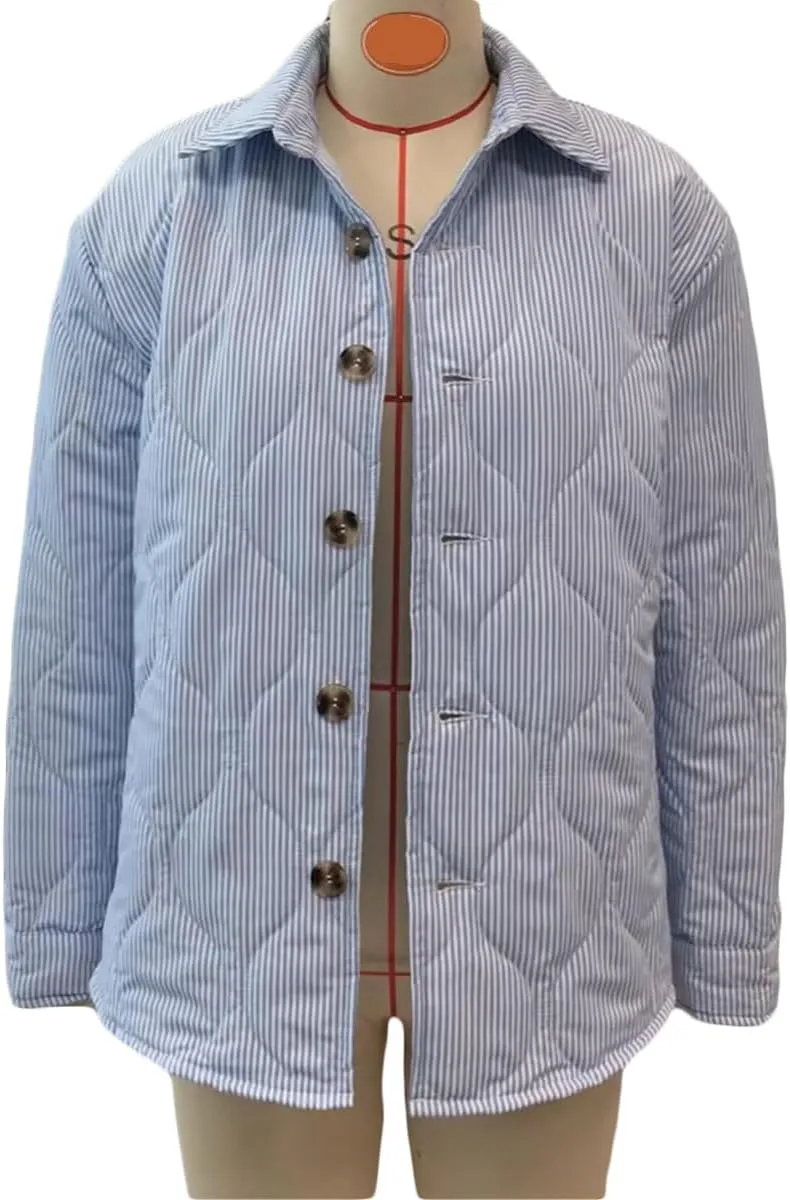 SOLILOQUY Women Y2K Striped Quilted Jacket Turn-Down Collar Button Puffer Coat Fall Winter Cropped Padded Jacket Cardigan