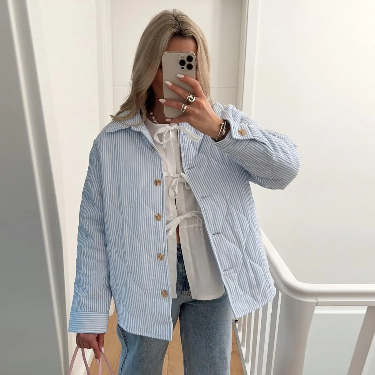 SOLILOQUY Women Y2K Striped Quilted Jacket Turn-Down Collar Button Puffer Coat Fall Winter Cropped Padded Jacket Cardigan