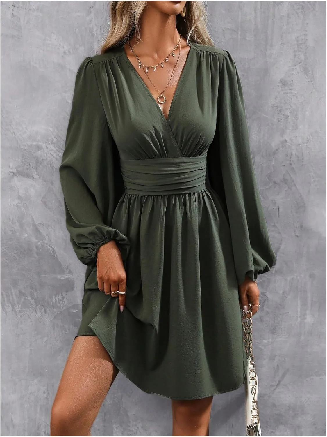 SOLY HUX Women's Elegant Dress V Neck Long Sleeve High Waist Swing Prom Cocktail Short Dresses